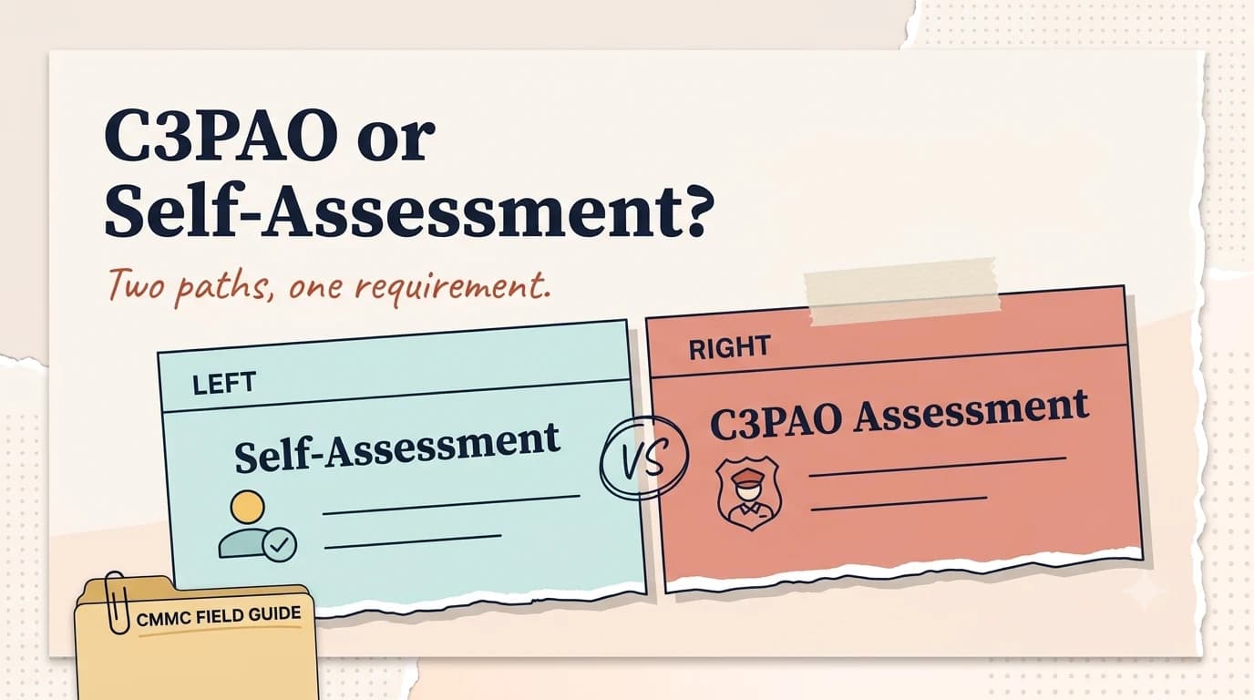 Illustration comparing a self-assessment card and a C3PAO assessment card side by side.