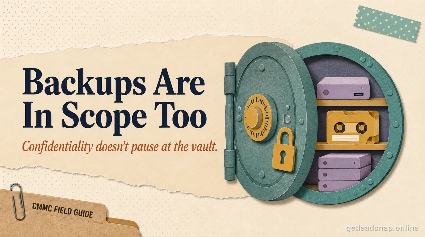 An open bank-vault door with backup drives and a tape cartridge stacked on shelves inside, illustrating that CUI backups stay in the assessment boundary.