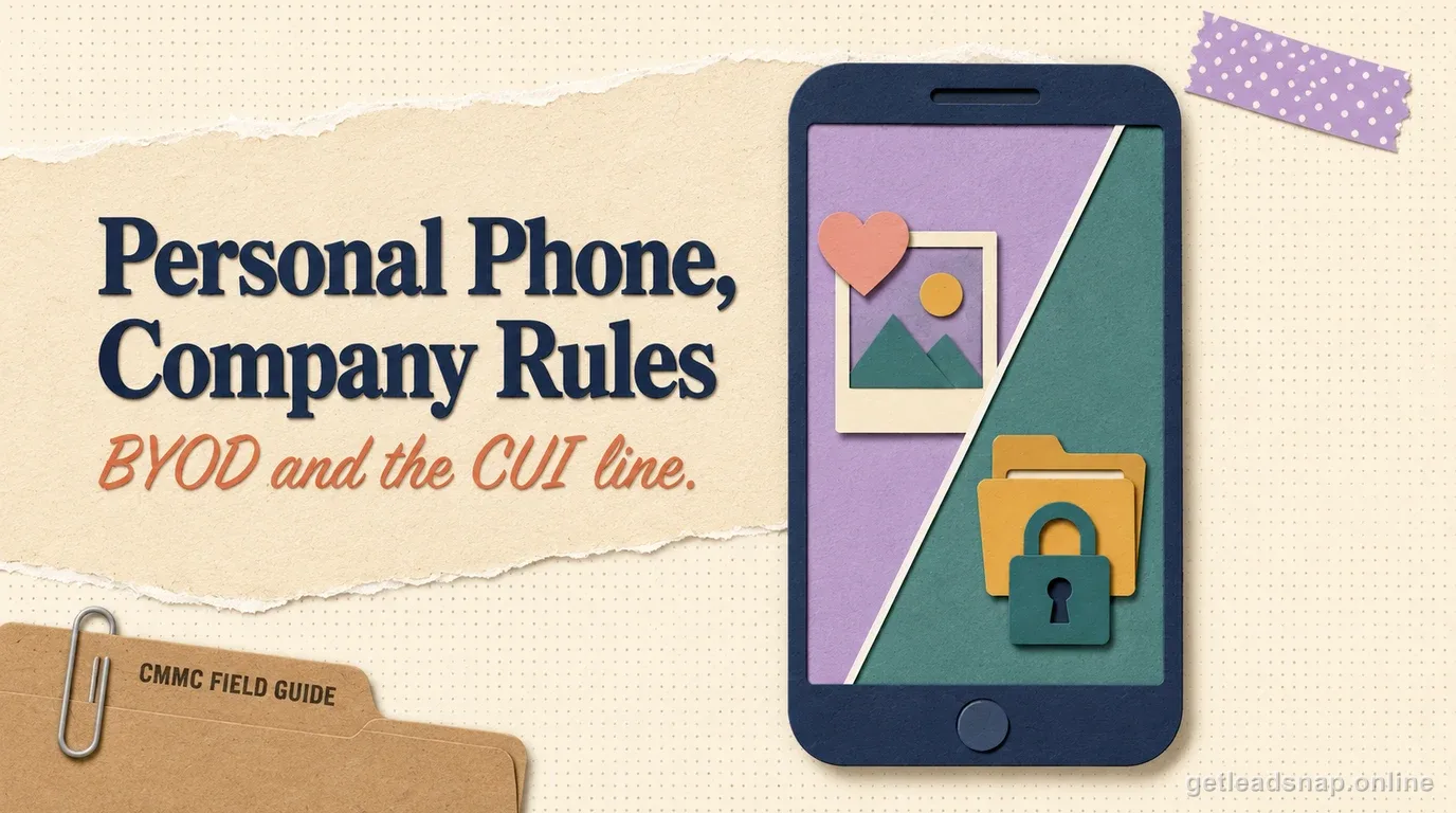 A smartphone screen split diagonally between personal photos and a locked work folder, illustrating the BYOD line between personal use and CUI access.
