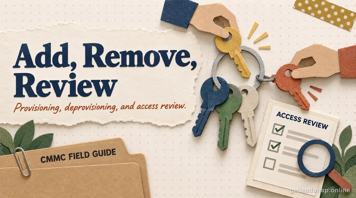 Papercraft keyring with keys being added and removed beside an access-review checklist, illustrating account provisioning, deprovisioning, and periodic access review.