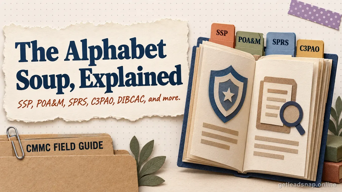 Illustration of an open glossary book with tabbed bookmarks, explaining CMMC acronyms including SSP, POAM, SPRS, C3PAO, and DIBCAC