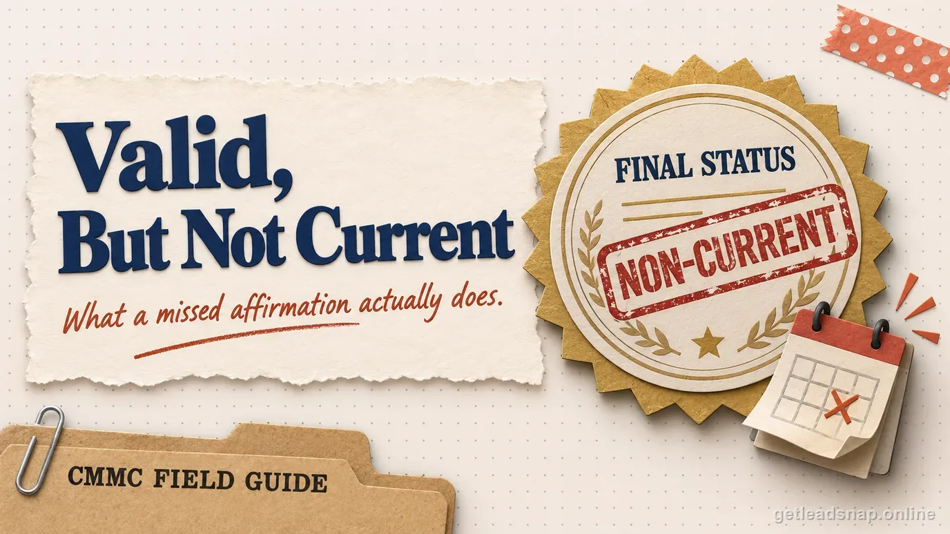 Illustrated badge stamped Non-Current, showing what happens when a CMMC affirmation deadline is missed