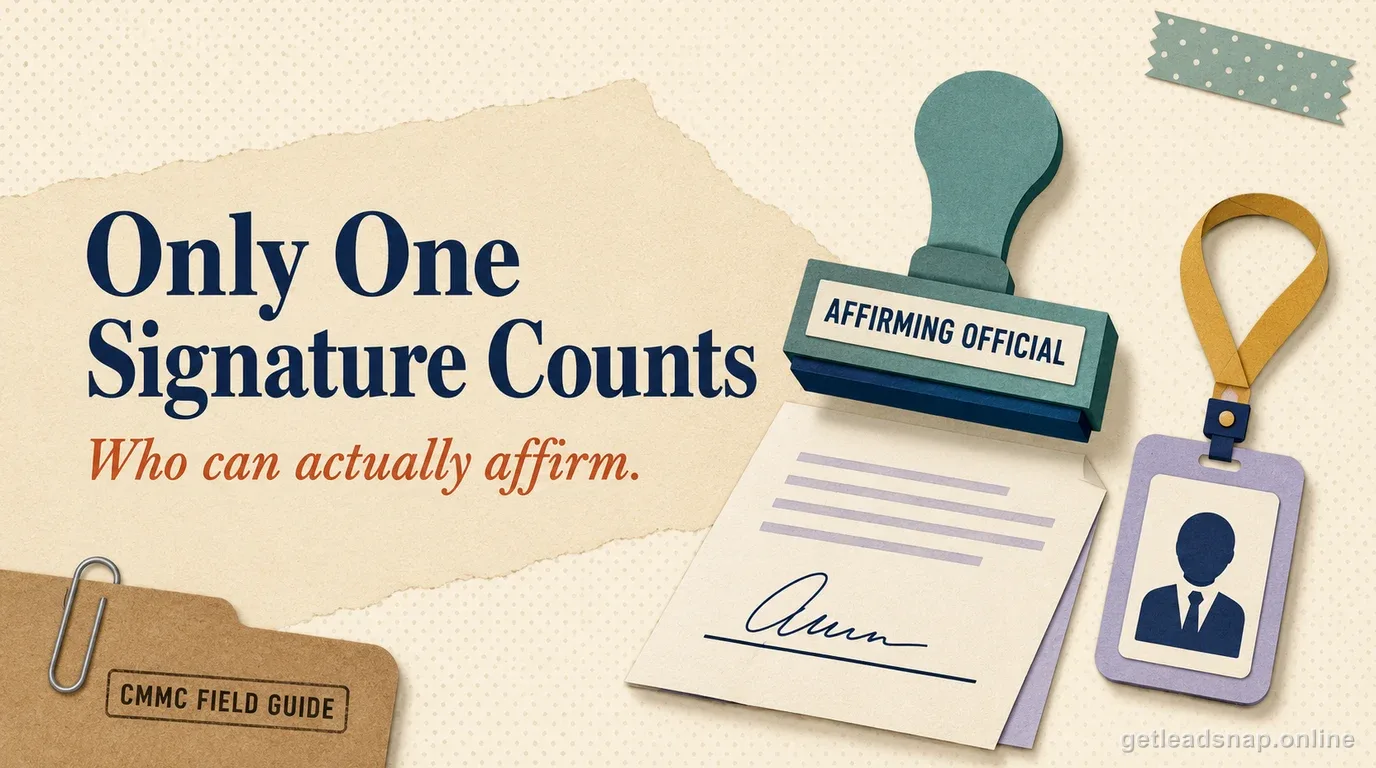 A stamp reading Affirming Official hovering over a signed document beside an ID badge, illustrating who can sign the CMMC annual affirmation.