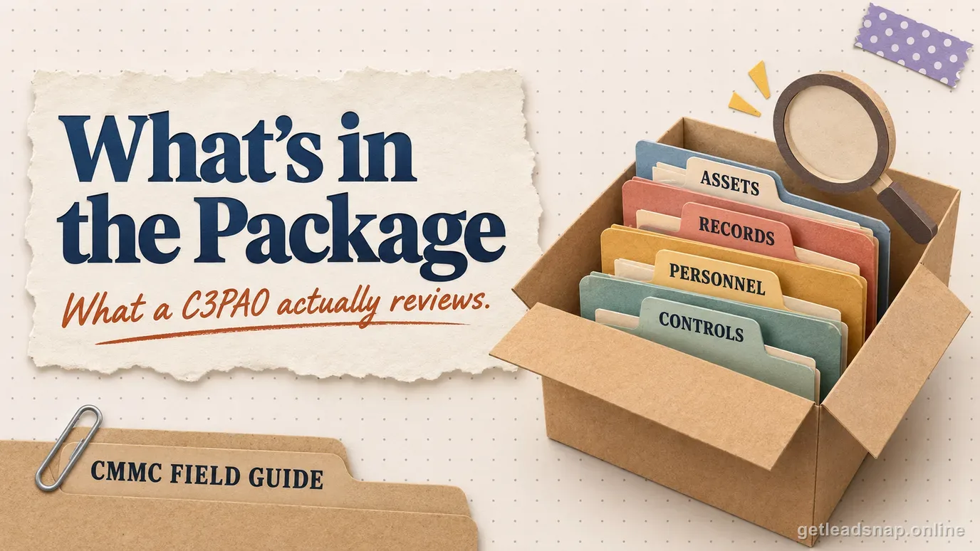 Illustration of an open shipping package with document contents, showing what a C3PAO actually reviews in a CMMC assessment evidence package
