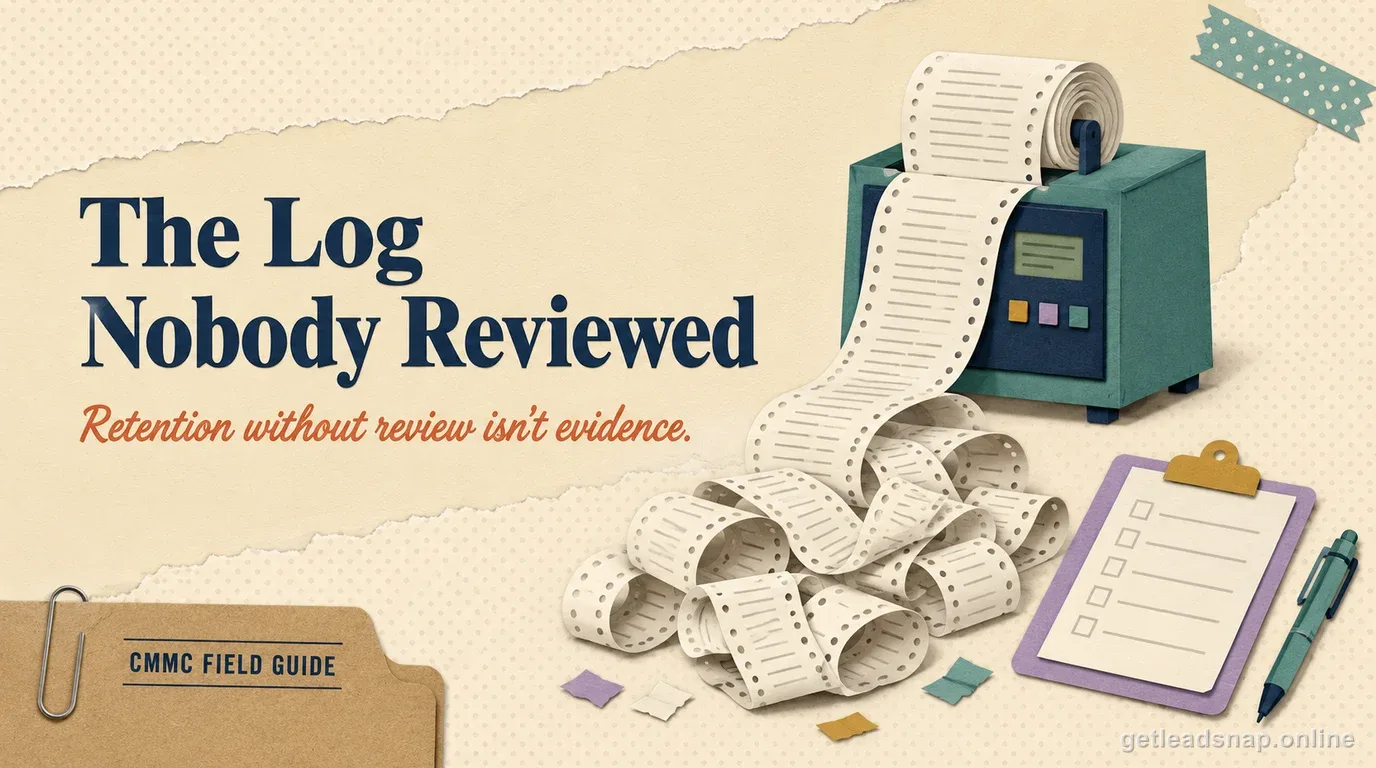 A spooling roll of log tape piling up unreviewed beside an untouched checklist clipboard, illustrating retained but unreviewed CMMC audit logs.
