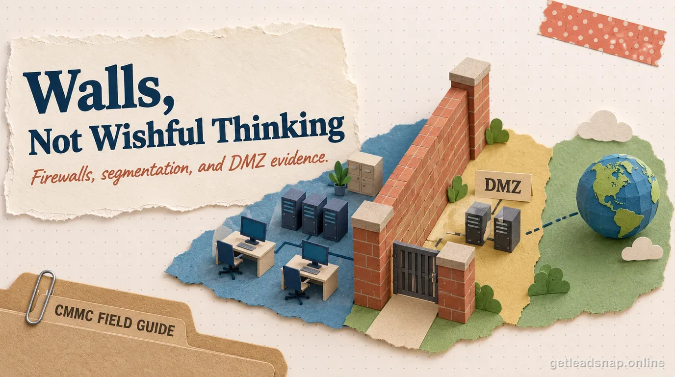 Papercraft brick firewall wall with a gate separating an internal zone from a public globe through a tagged DMZ buffer zone, illustrating boundary protection and network segmentation.