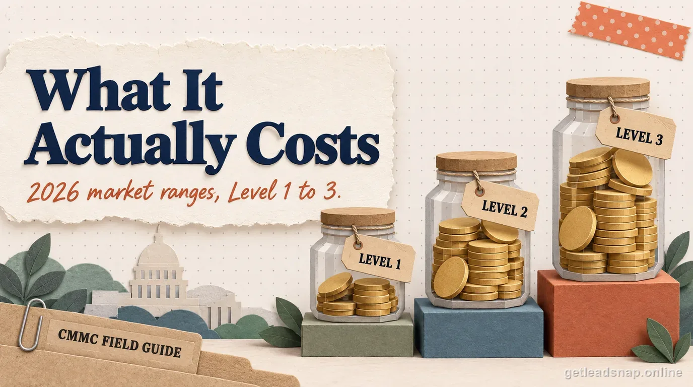 Three papercraft coin jars of increasing height labeled Level 1, Level 2, and Level 3 with price tags, illustrating rising CMMC certification cost ranges by level.