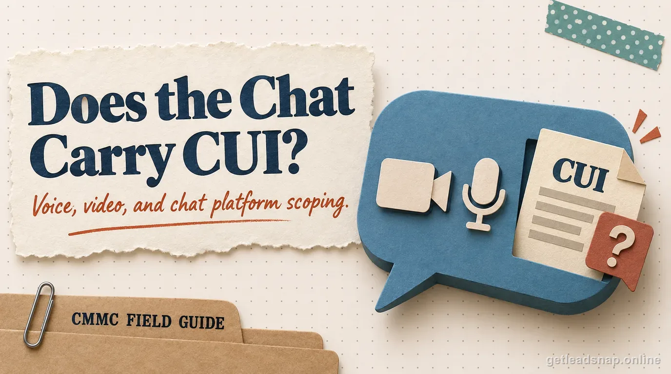 Papercraft speech bubble holding a video camera and microphone icon with a CUI document sliding out marked with a question mark, illustrating collaboration-tool CUI scoping.