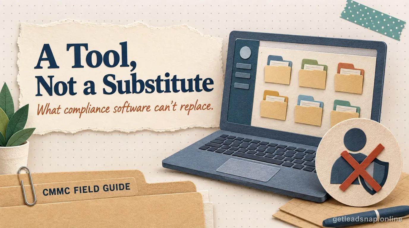 Papercraft laptop showing an organized compliance dashboard beside a crossed-out person-and-shield icon, illustrating what compliance software organizes versus what it cannot replace.