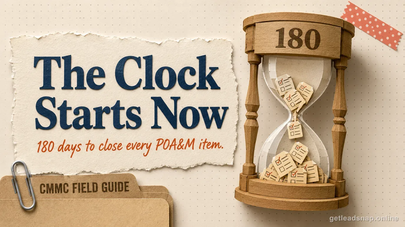 Papercraft hourglass marked 180 with small POA&M checklist tags falling through it like sand, illustrating the 180-day Conditional CMMC status closeout window.