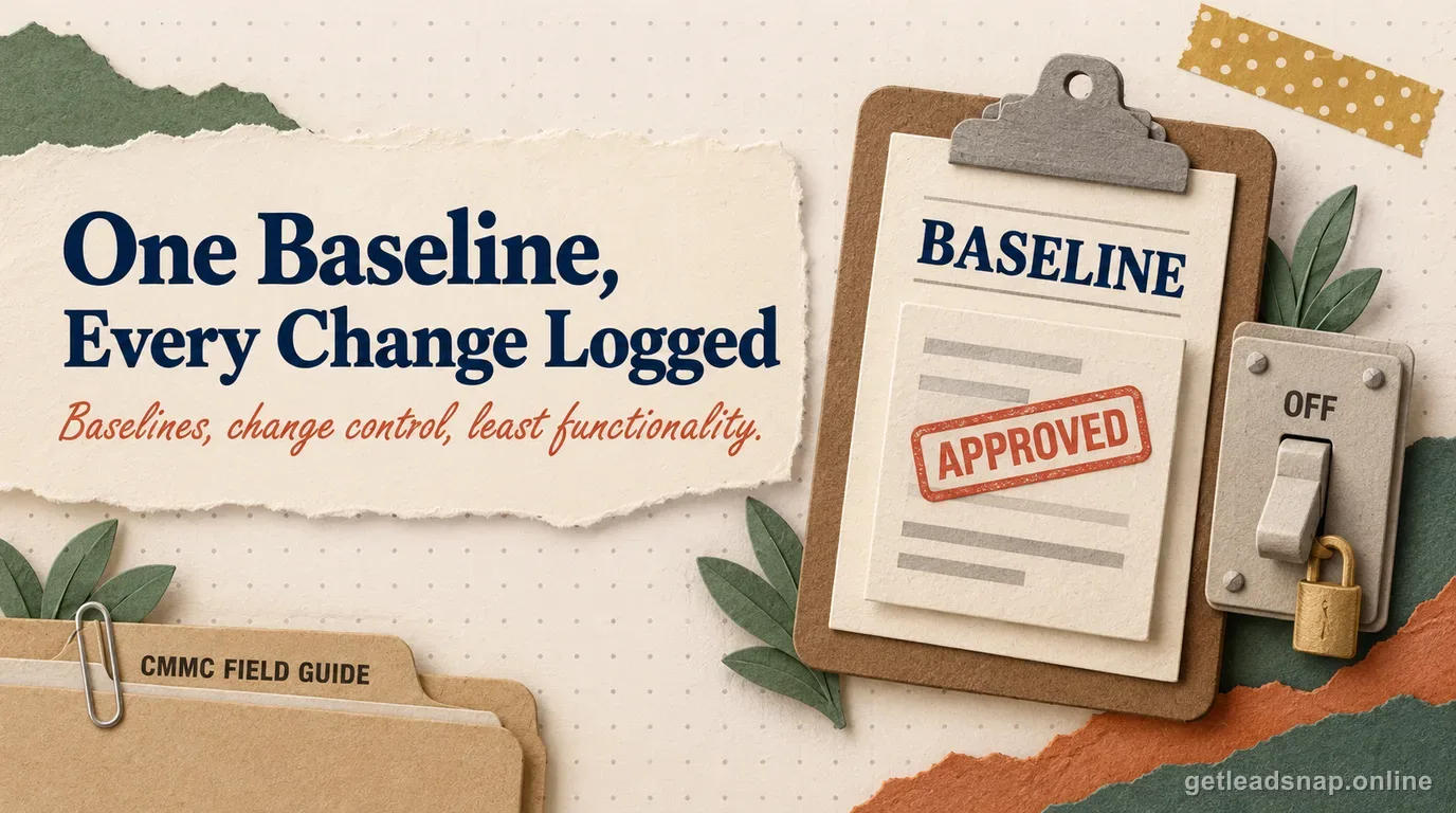 Papercraft baseline clipboard stamped approved next to a locked-off toggle switch, illustrating configuration baselines, change control, and least functionality.