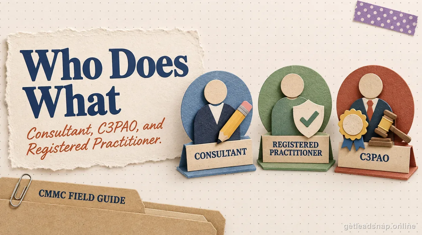 Illustration distinguishing a CMMC consultant, a C3PAO, and a Registered Practitioner and their separate roles