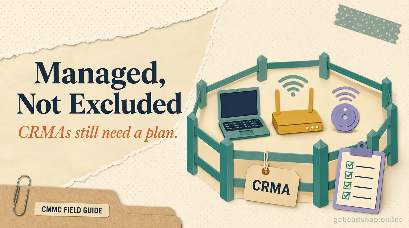 A fenced enclosure holding a laptop, router, and sensor tagged CRMA with a checklist clipboard beside it, illustrating Contractor Risk Managed Assets.