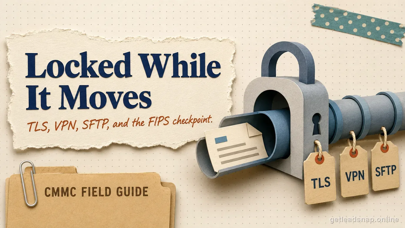 Papercraft pipeline with a document passing through a padlock-shaped checkpoint, tagged TLS, VPN and SFTP, illustrating encryption-in-transit paths for CUI transfers.