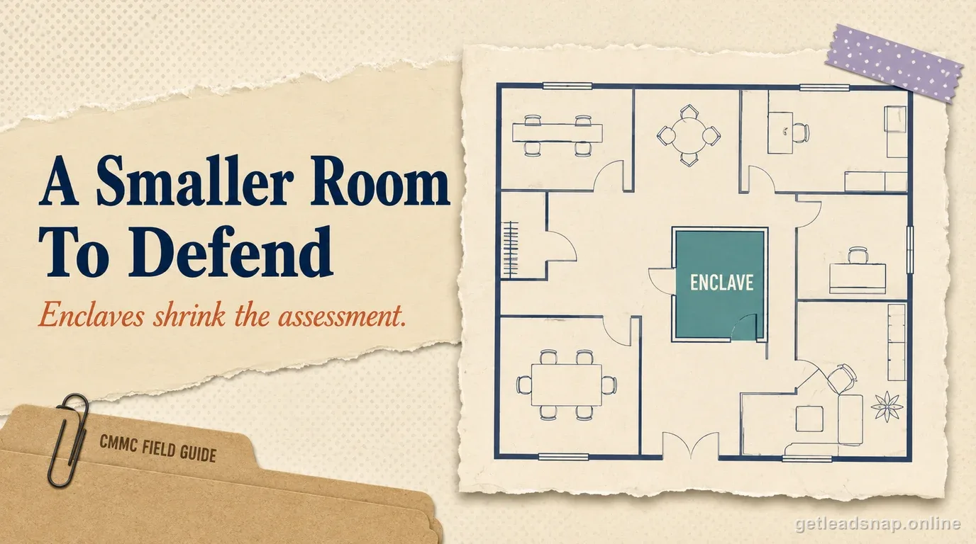 A hand-drawn office floor plan with one small inner room shaded teal and labeled Enclave, showing a narrowed assessment boundary inside a larger office.