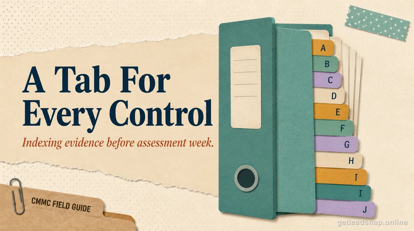 A ring binder viewed from the spine with a fan of colorful lettered tab dividers, illustrating an organized CMMC evidence index.