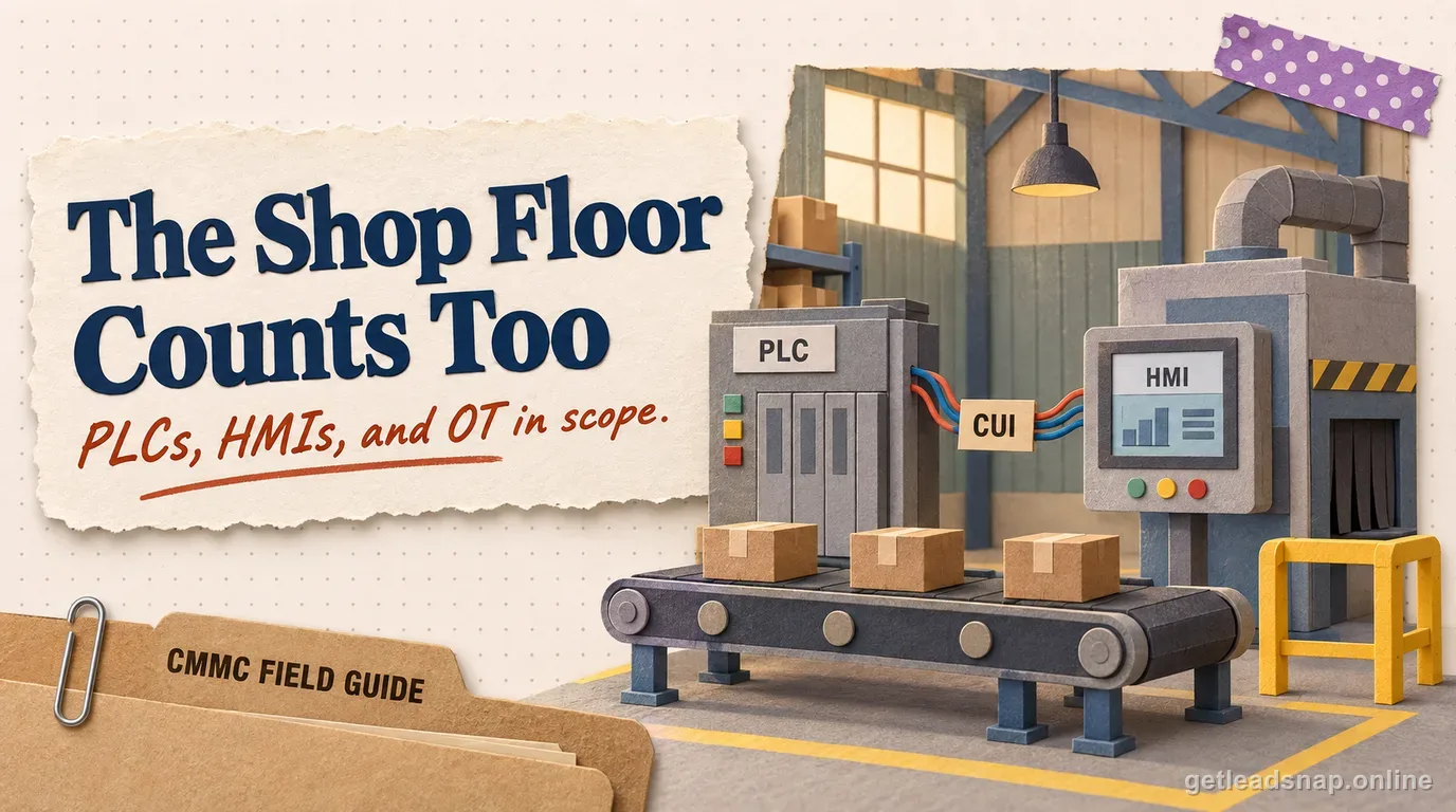 Illustration of a manufacturing shop floor with PLCs and OT equipment showing how CMMC scope applies