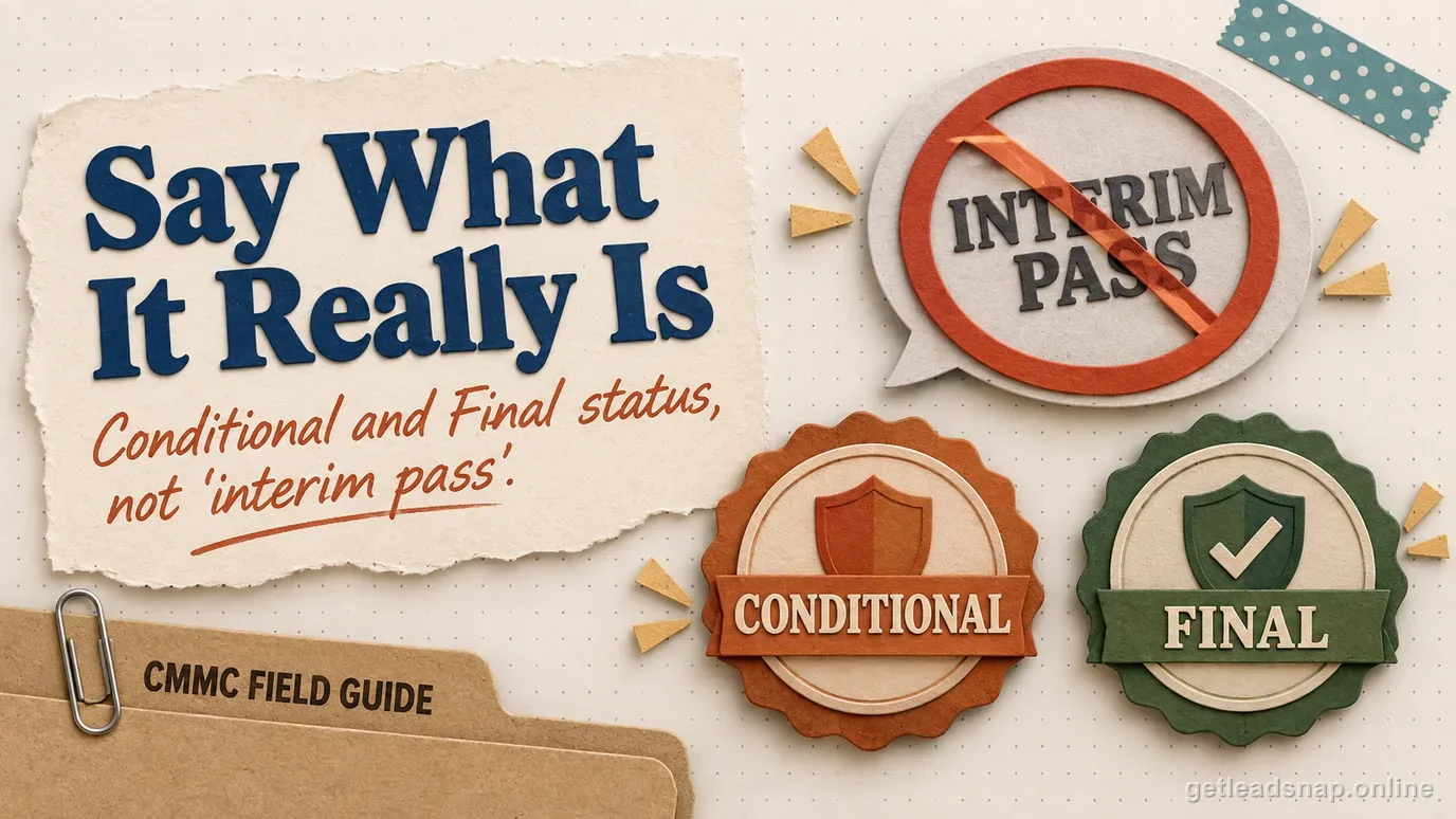 Illustrated badge showing Conditional and Final status stamps, explaining what an interim CMMC assessment result means next