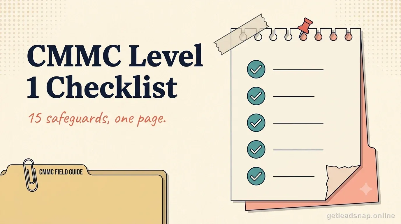 Illustration of a pinned checklist notepad with five checked safeguarding items for CMMC Level 1.