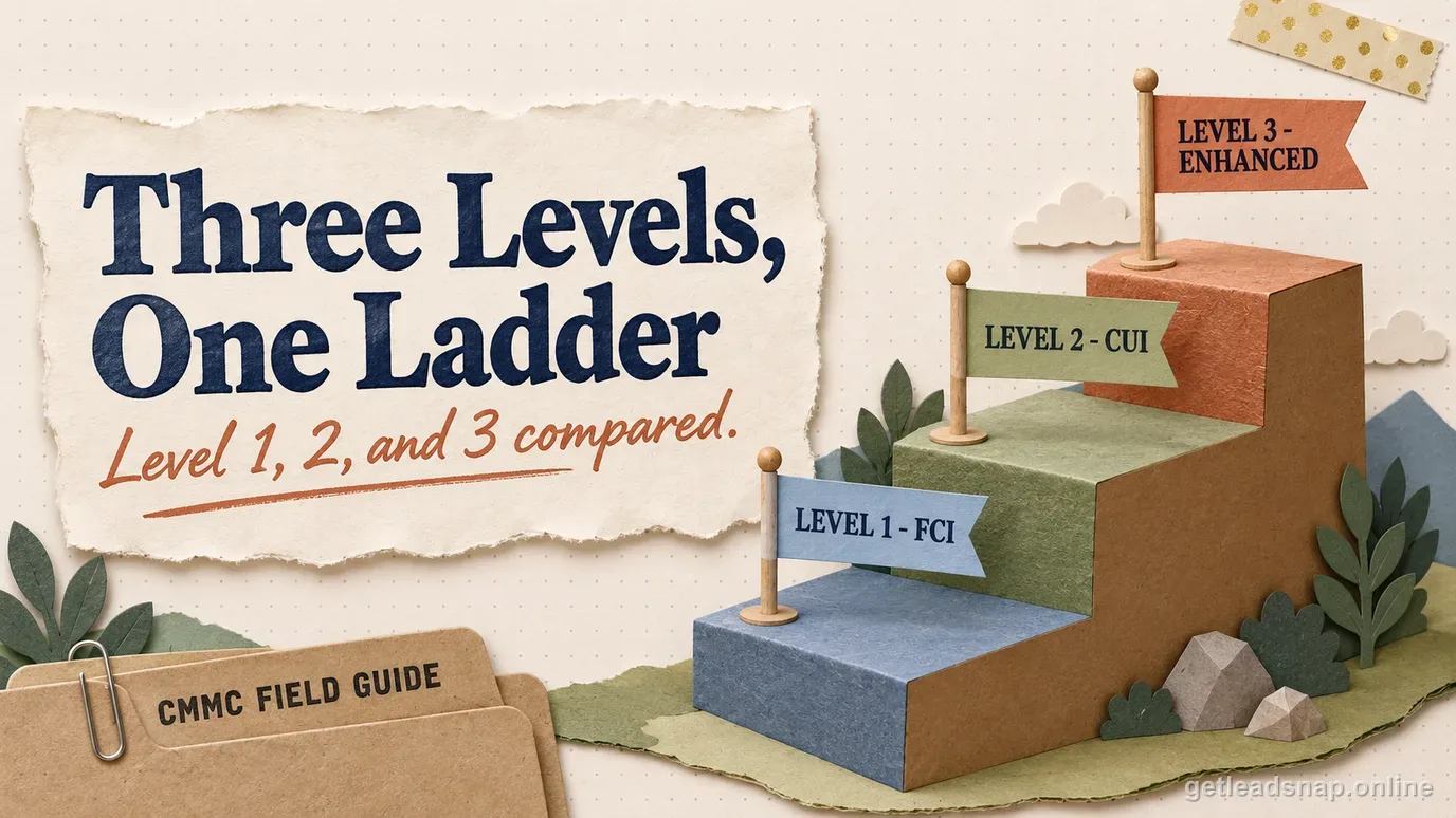 Illustrated staircase labeled Level 1, Level 2, and Level 3 comparing the three CMMC certification levels