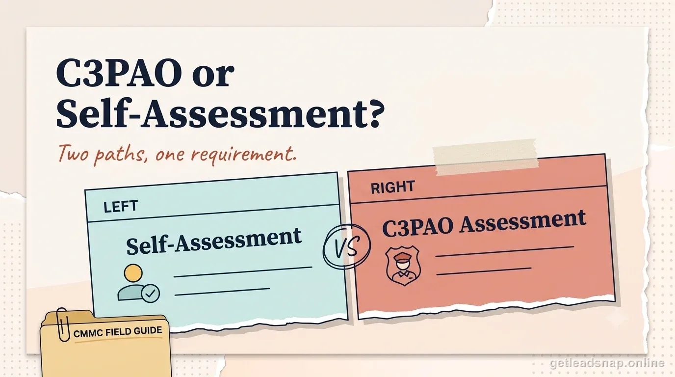 Illustration comparing a self-assessment card and a C3PAO assessment card side by side.