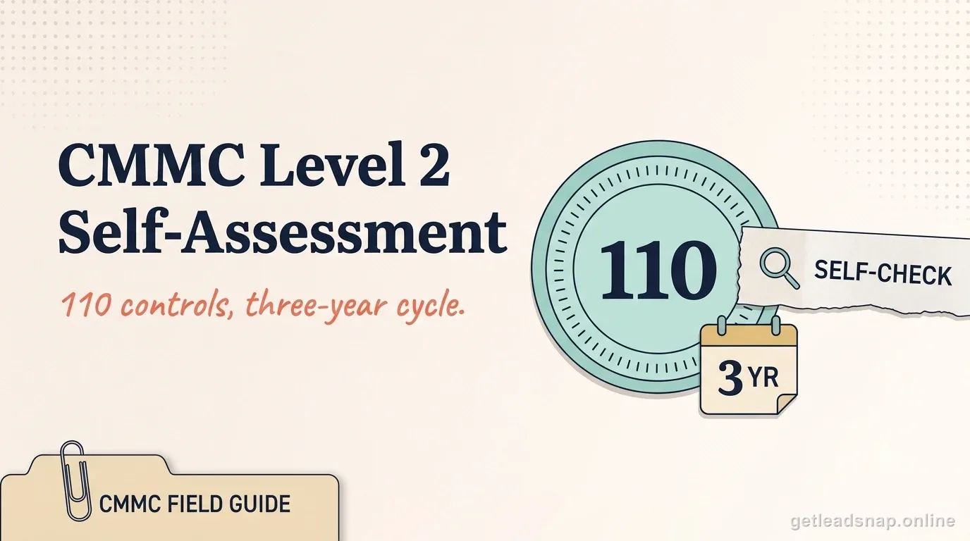 Illustration of a circular badge showing 110 controls with a three-year tag, representing CMMC Level 2 self-assessment.