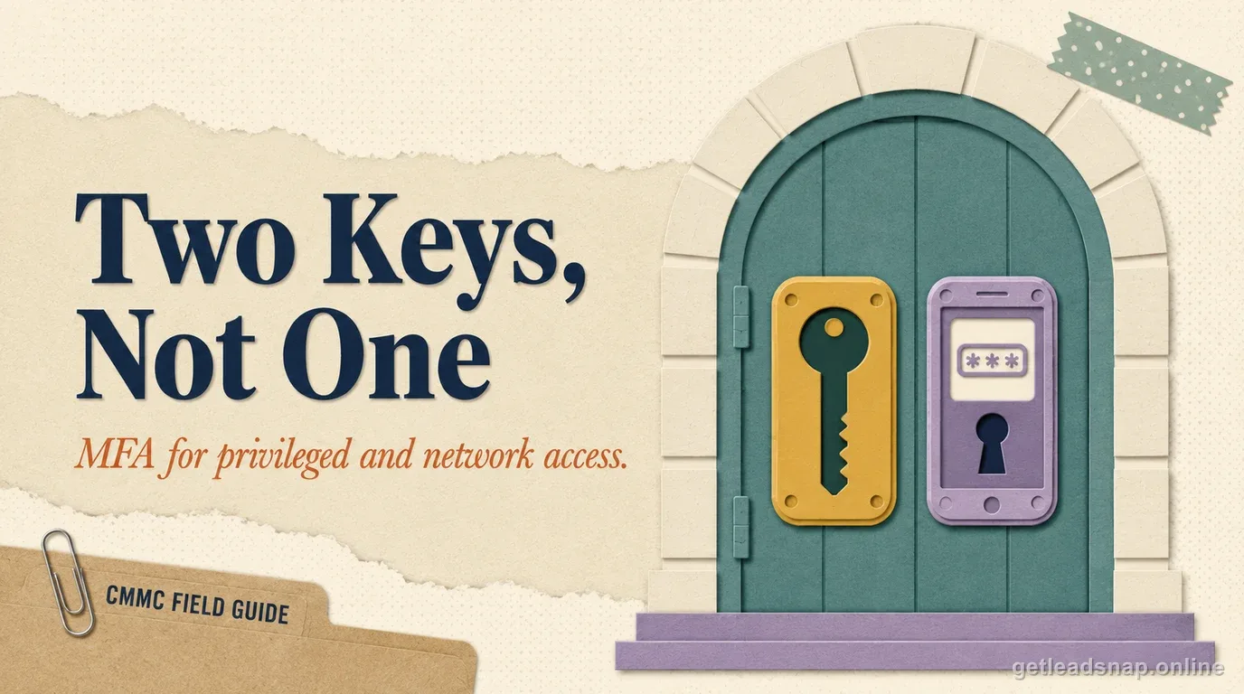 An arched door with two side-by-side locks — a physical key and a one-time-code phone — illustrating MFA requirements for privileged and network access.