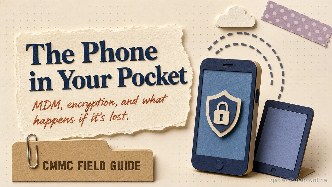 Papercraft smartphone with a shield badge on its screen beside a tablet, with a signal arc from a cloud above, illustrating MDM, encryption, and remote-wipe controls for mobile devices.