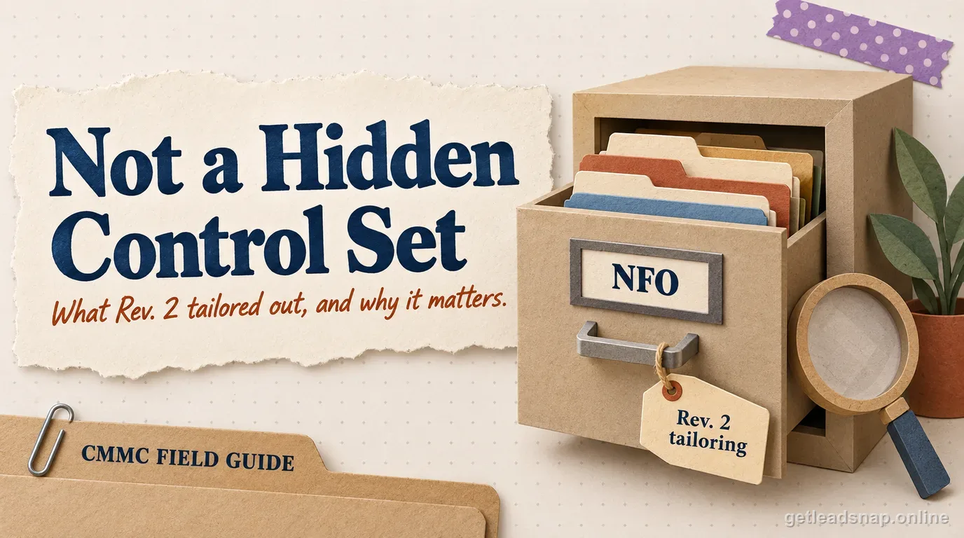 Papercraft filing cabinet drawer labeled NFO with a Rev. 2 tailoring tag and a magnifying glass, illustrating Non-Federal Organization controls as a tailoring category, not a hidden control set.