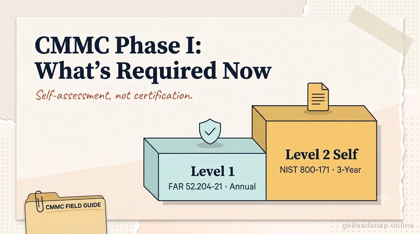 Illustration comparing CMMC Level 1 and Level 2 Self requirements as two stacked blocks, framed as self-assessment not certification.