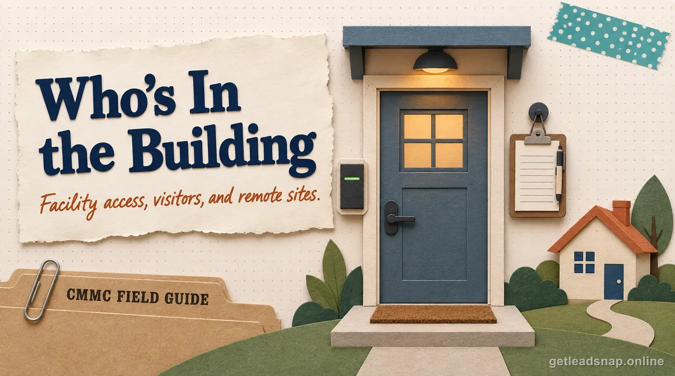 Papercraft front door with a badge reader and visitor sign-in clipboard beside a small house shape, illustrating facility access control, visitor logs, and alternate work sites.