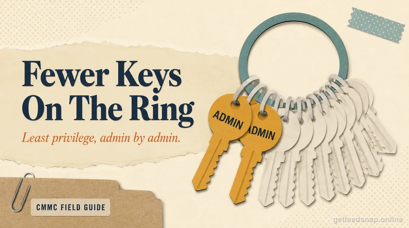 A large keyring with many plain keys and only two gold keys labeled Admin, illustrating least-privilege limits on CMMC privileged accounts.