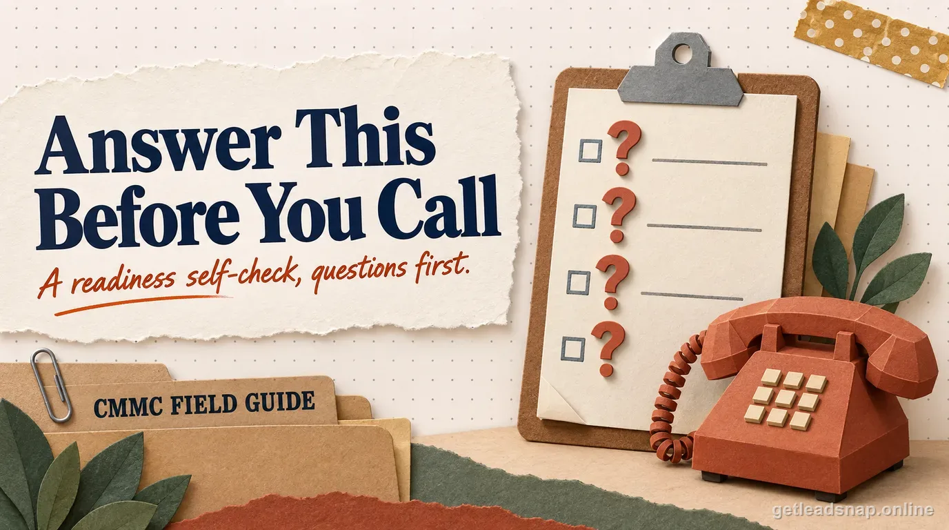 Papercraft checklist clipboard covered in question marks beside a telephone still on the hook, illustrating a readiness self-check to complete before calling a consultant or C3PAO.