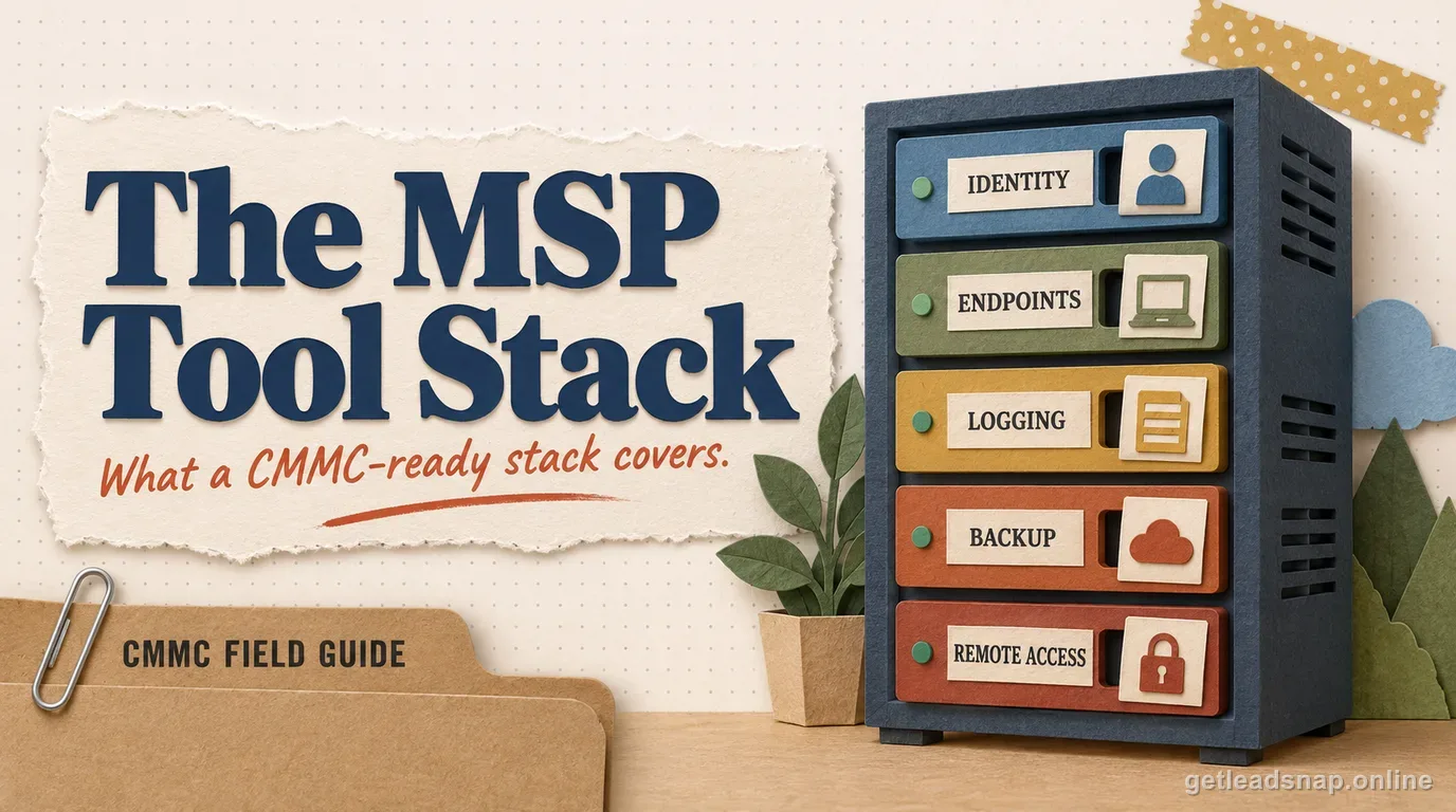Illustrated server rack labeled Identity, Endpoints, Logging, Backup, Remote Access showing a CMMC-ready managed tool stack for MSPs