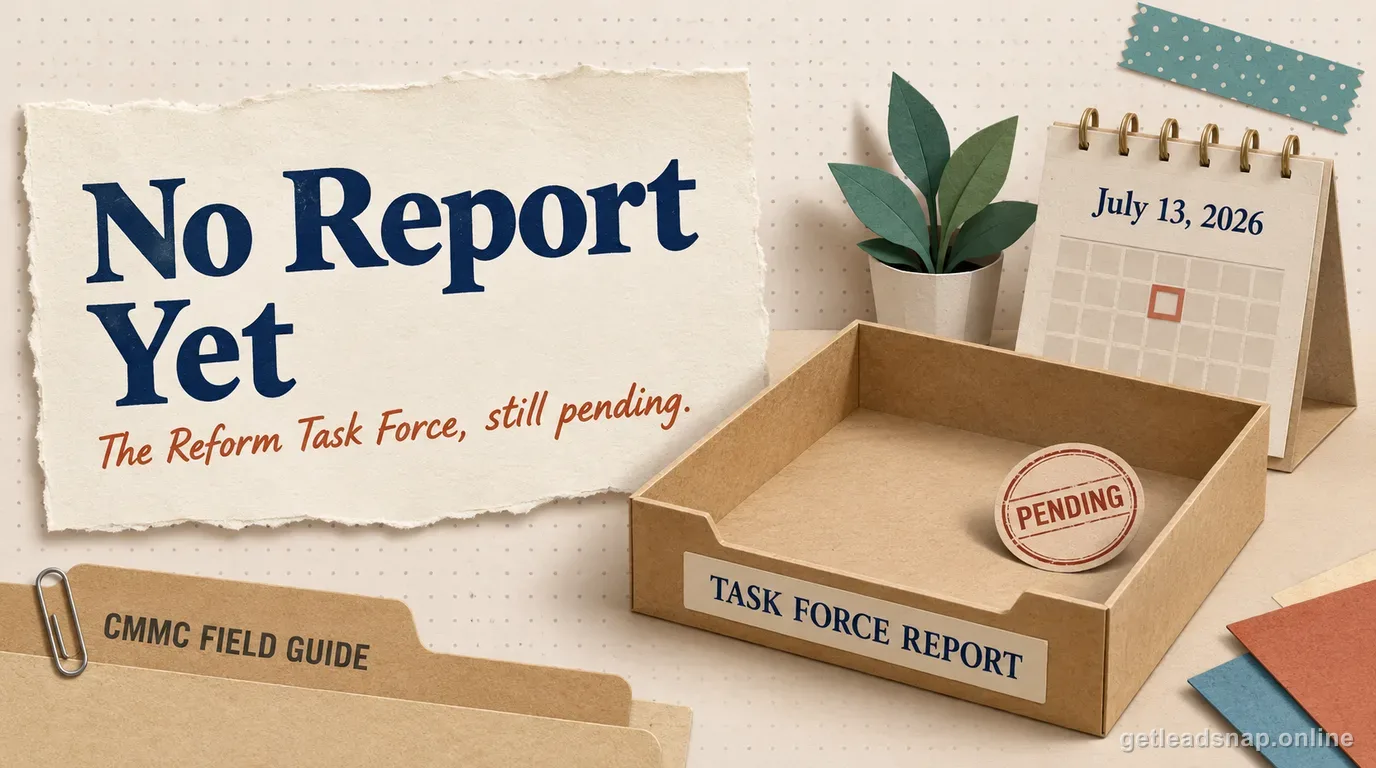 Illustration of a pending inbox labeled Task Force Report stamped Pending, showing the CMMC Reform Task Force report still awaited