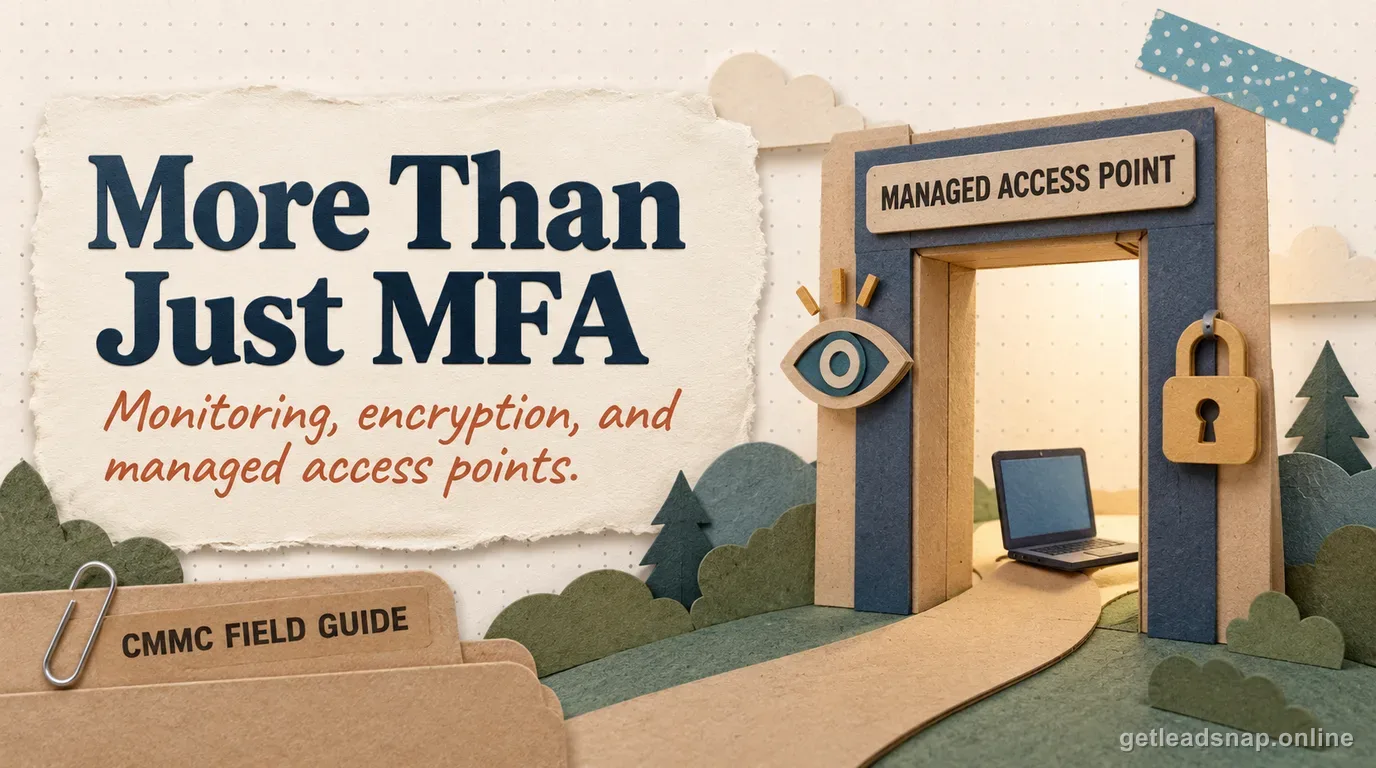 Papercraft managed access point doorway with a padlock and monitoring eye icon as a laptop passes through, illustrating remote access controls beyond multi-factor authentication.