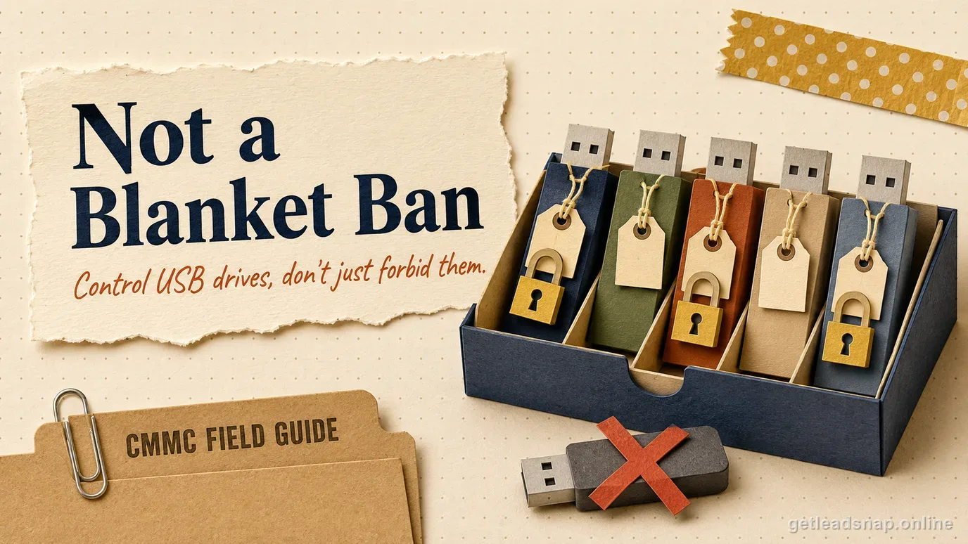 Papercraft tray of USB drives each with an owner tag and one padlocked, beside a single unassigned drive marked with a red X, illustrating controlled versus uncontrolled removable media.