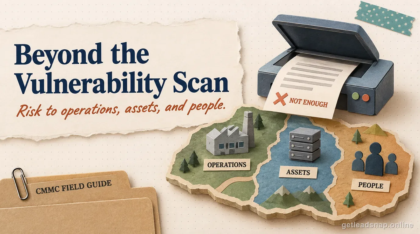 Papercraft vulnerability scan report marked not enough beside a three-zone risk map covering operations, assets, and people, illustrating risk assessment beyond a scanner report.