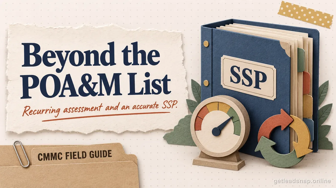 Papercraft SSP binder beside a monitoring dial and a recurring loop icon, illustrating continuous assessment and monitoring beyond a static POA&M list.