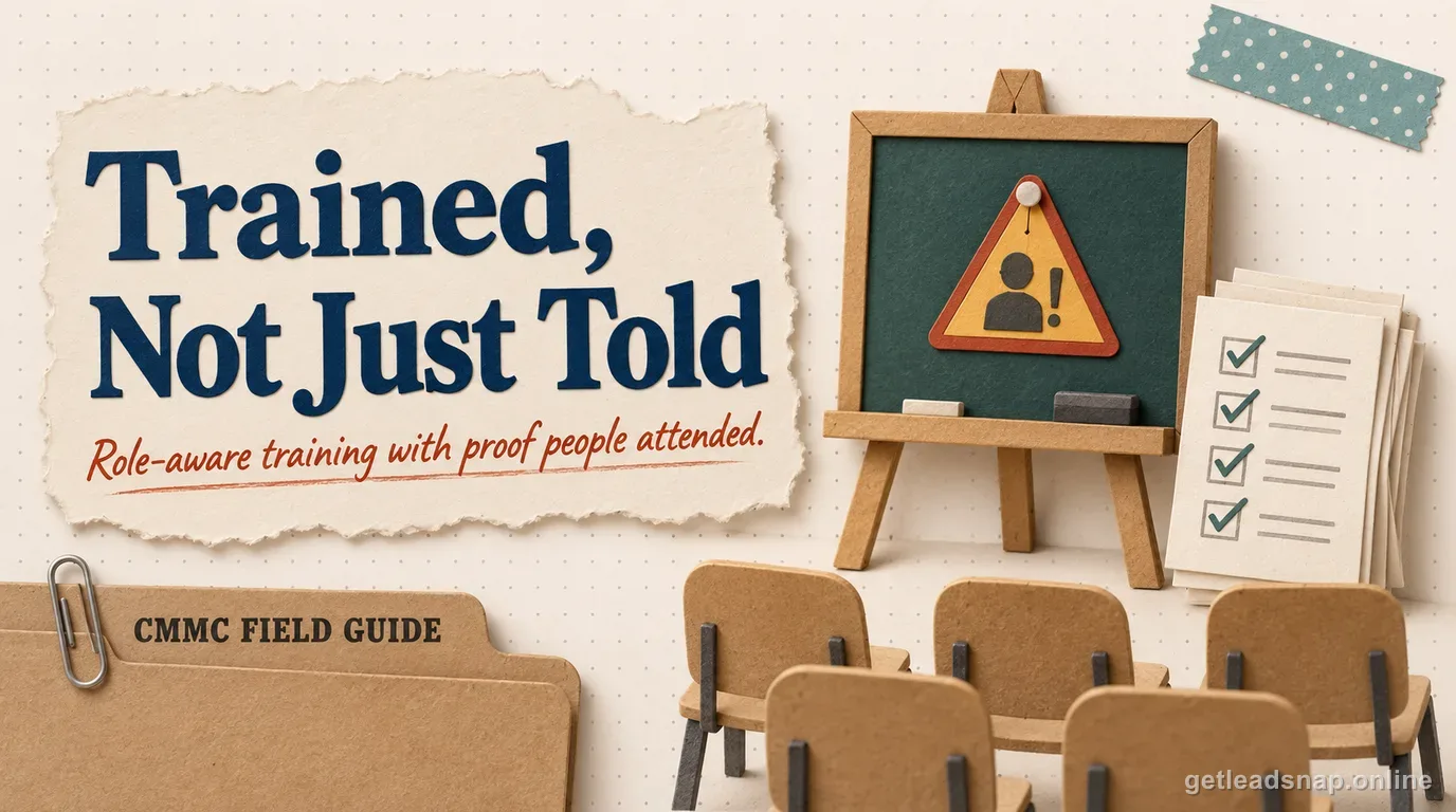 Papercraft classroom easel with an insider-threat warning icon beside a stack of signed attendance sheets, illustrating role-aware CMMC security awareness training with proof of attendance.