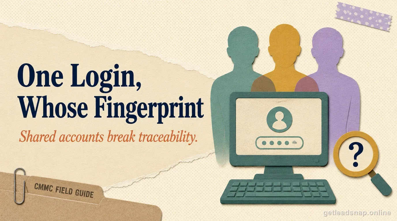 Three overlapping silhouettes behind one login screen with a magnifying glass and question mark, illustrating traceability lost to shared accounts.