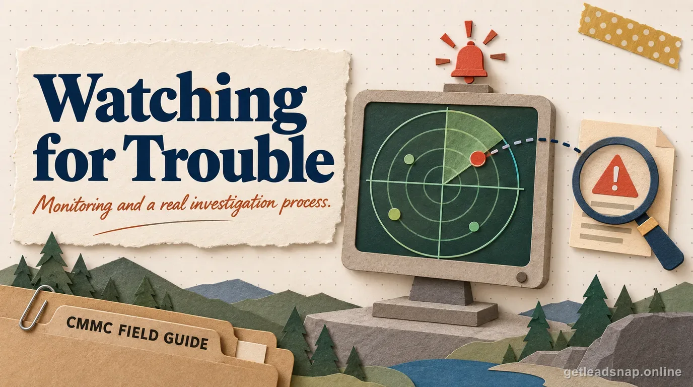 Papercraft radar monitor with an alert bell connected to a magnifying glass investigating a flagged event, illustrating system monitoring and security alert investigation.