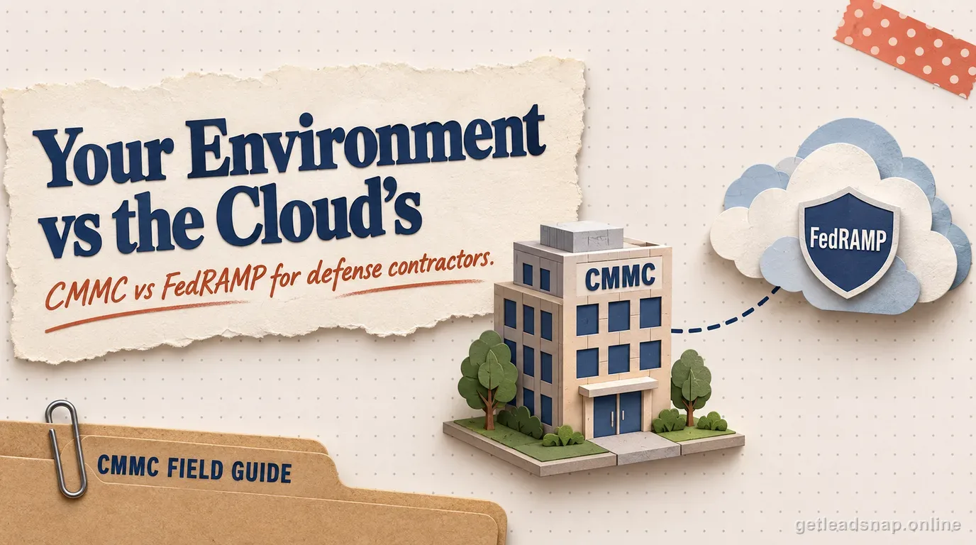 Comparison illustration contrasting CMMC and FedRAMP requirements for a defense contractor