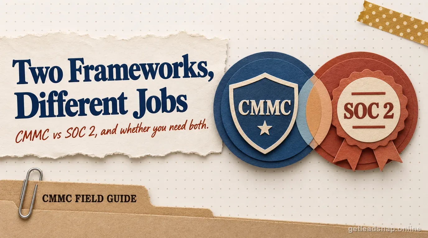 Comparison illustration contrasting CMMC and SOC 2 scope and purpose for defense contractors
