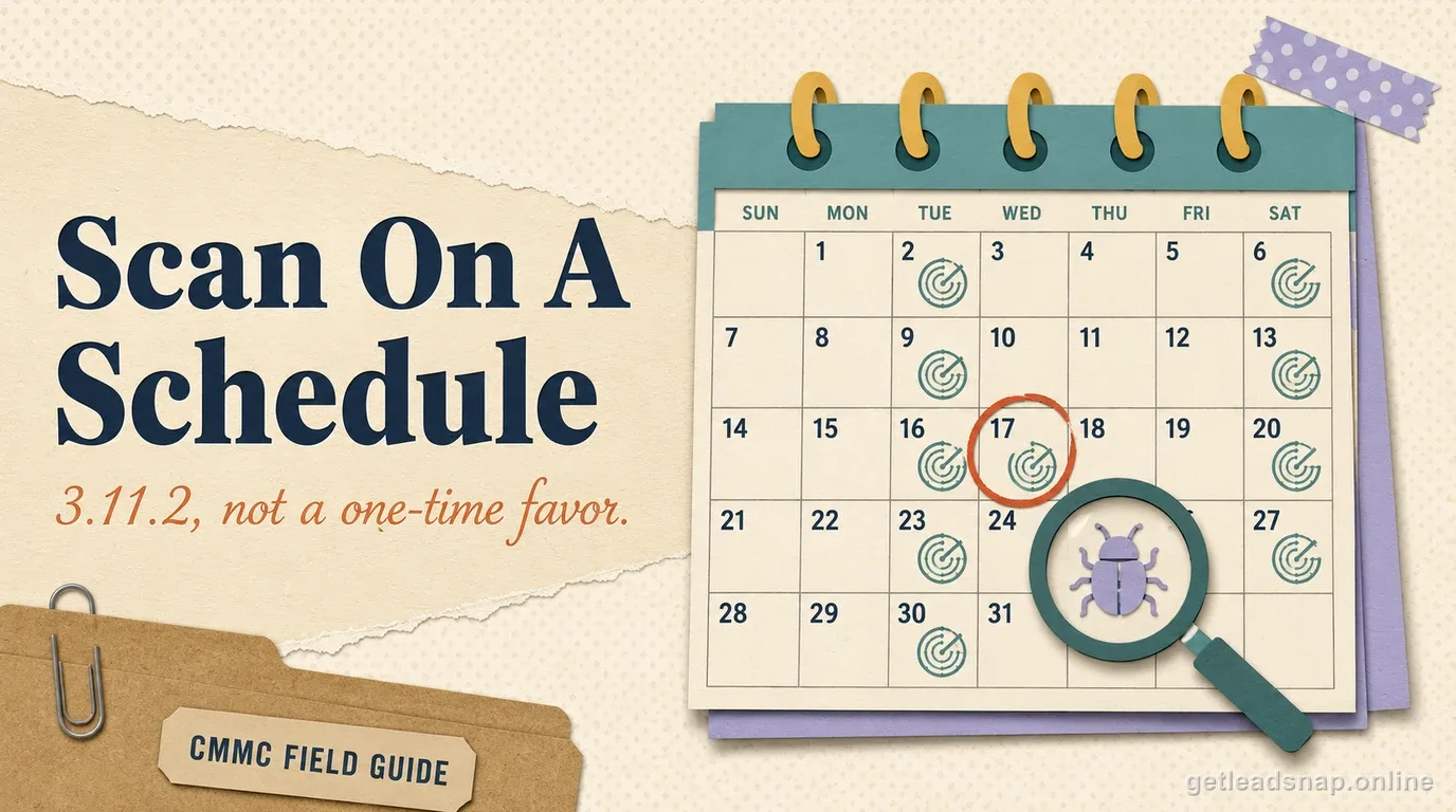 A wall calendar with recurring scan icons on repeated dates and a magnifying glass over a bug on a circled date, illustrating a vulnerability scanning cadence for 3.11.2.