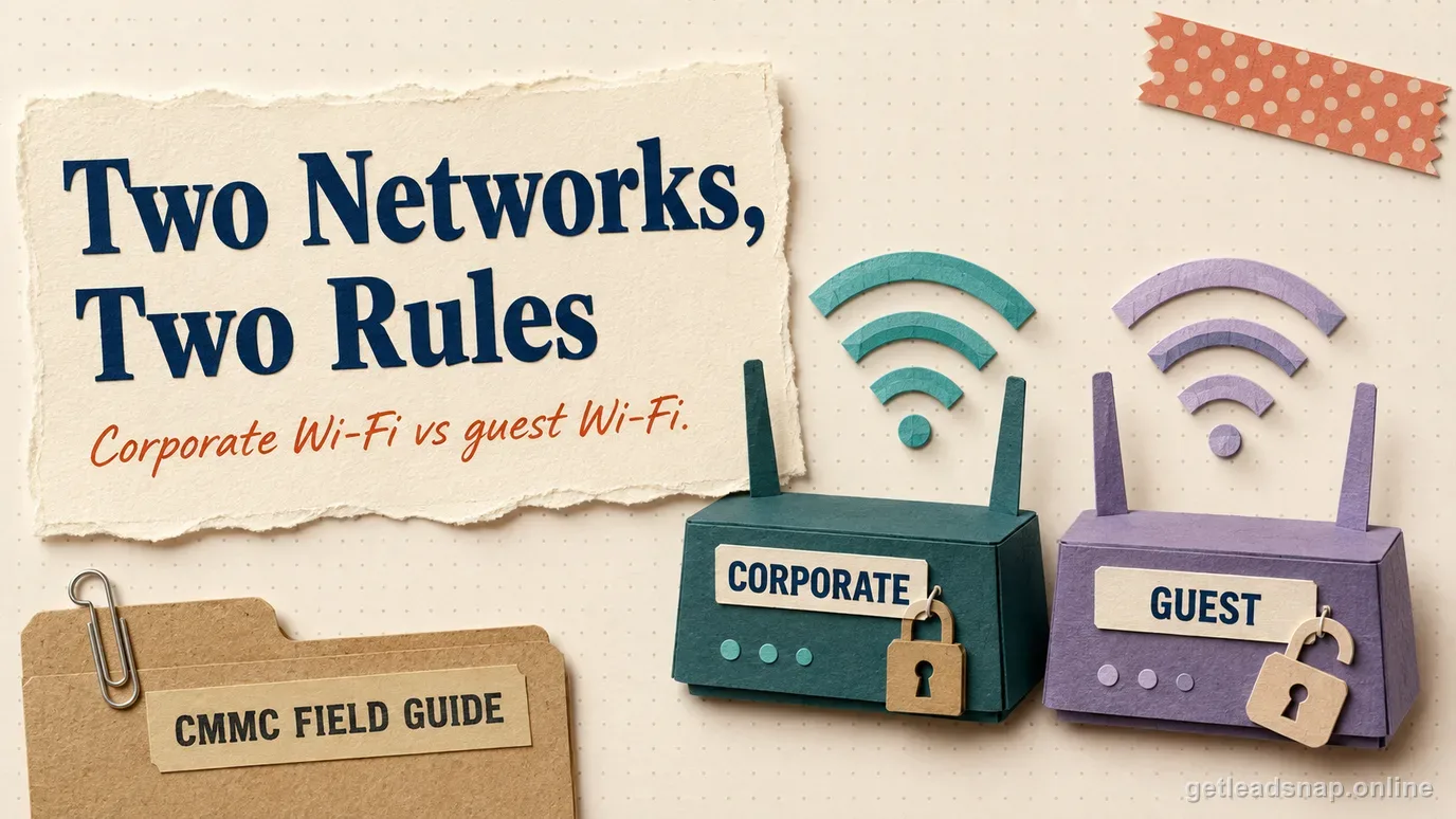 Papercraft illustration of a locked corporate Wi-Fi router beside an open-lock guest Wi-Fi router, each with its own colored radio-wave arcs, illustrating separated wireless network rules.