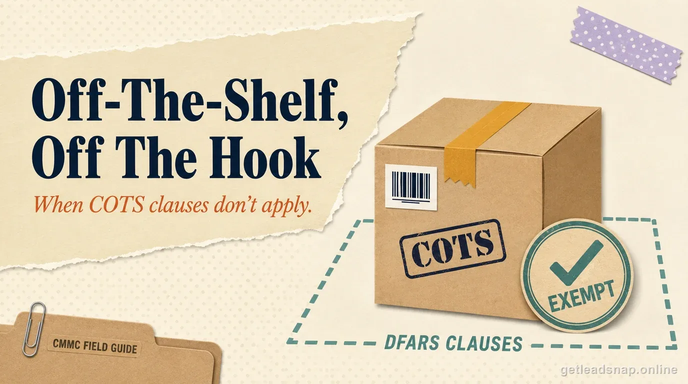 A cardboard shipping box stamped COTS and Exempt sitting outside a dashed boundary line labeled DFARS Clauses, illustrating the COTS-only exception.
