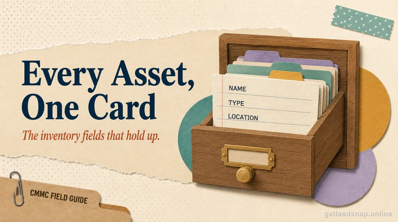 An open wooden card-catalog drawer with an index card pulled out showing Name, Type, and Location fields, illustrating a CUI asset inventory template.