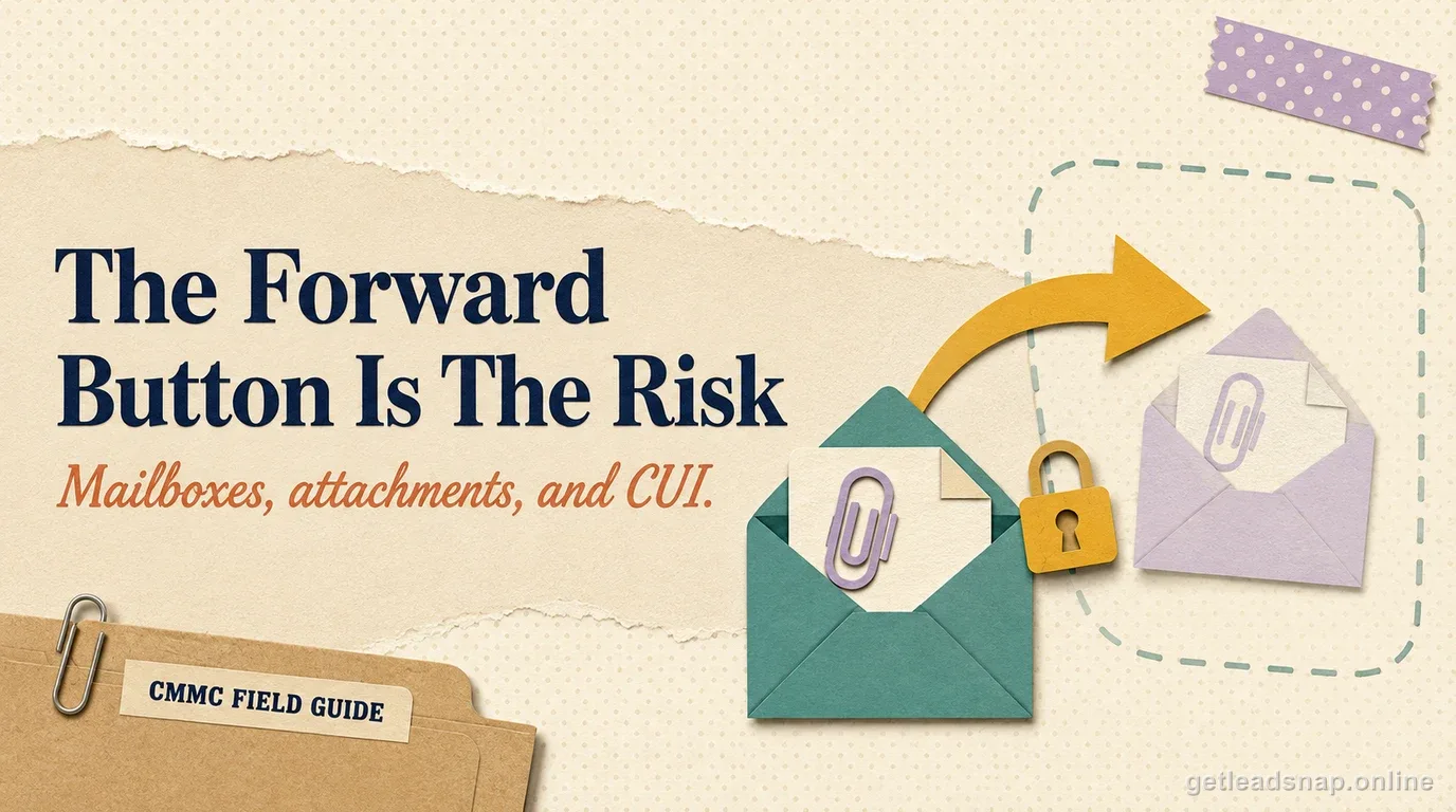 An email envelope with an attachment forwarding through a locked boundary to a second envelope, illustrating CUI risk in mailbox forwarding under CMMC.