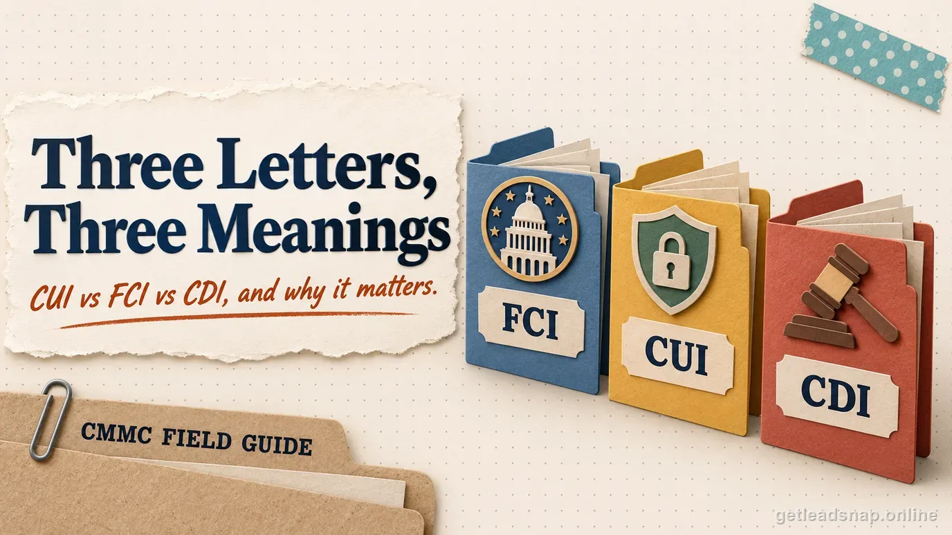 Illustration of three labeled folders for FCI, CUI, and CDI, showing the difference between these data types and their CMMC levels